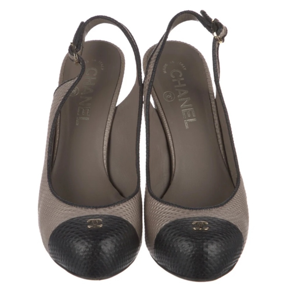 CHANEL Black and Gray Slingback Heels